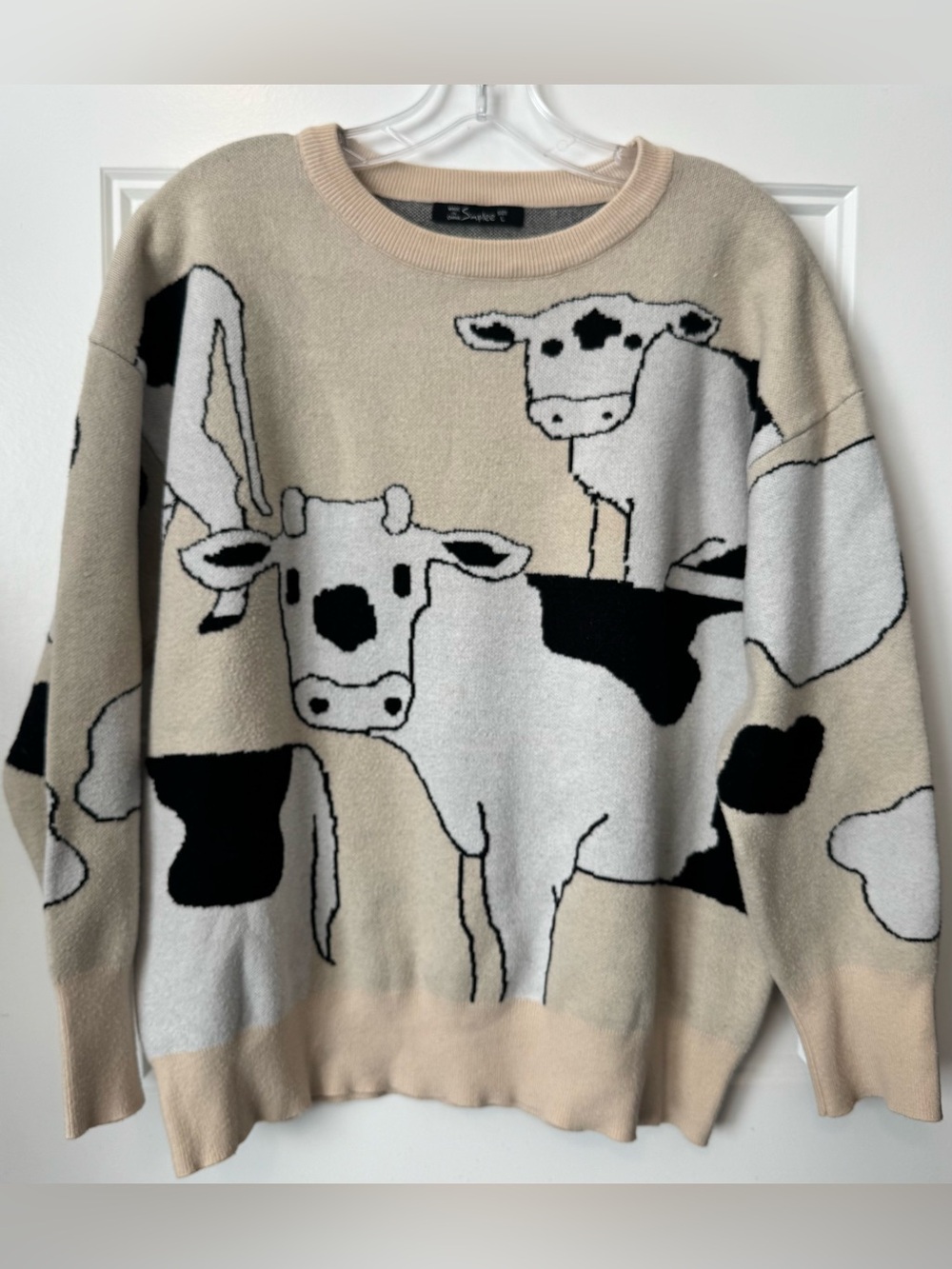 Cow Print Sweater Cute Farmhouse Western Y2K Cozy Knit L